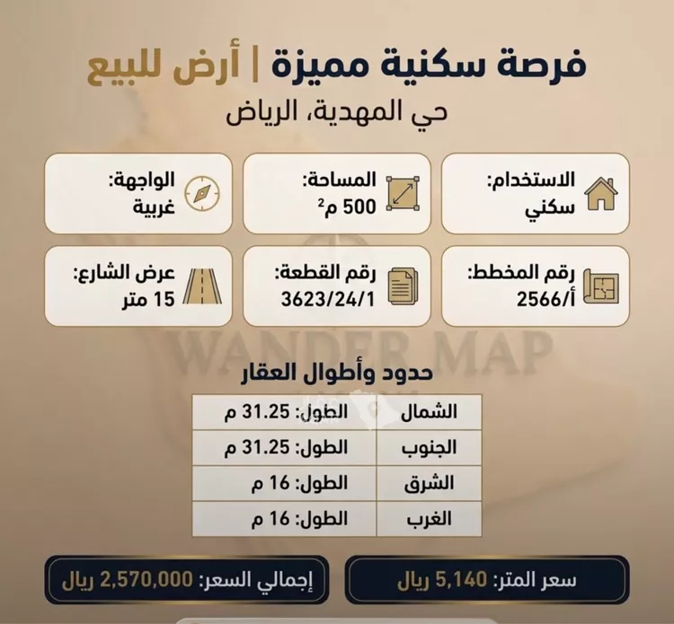 أرض للبيع في شارع محمد بن خطاب, حي المهدية, مدينة الرياض, منطقة الرياض صورة 2