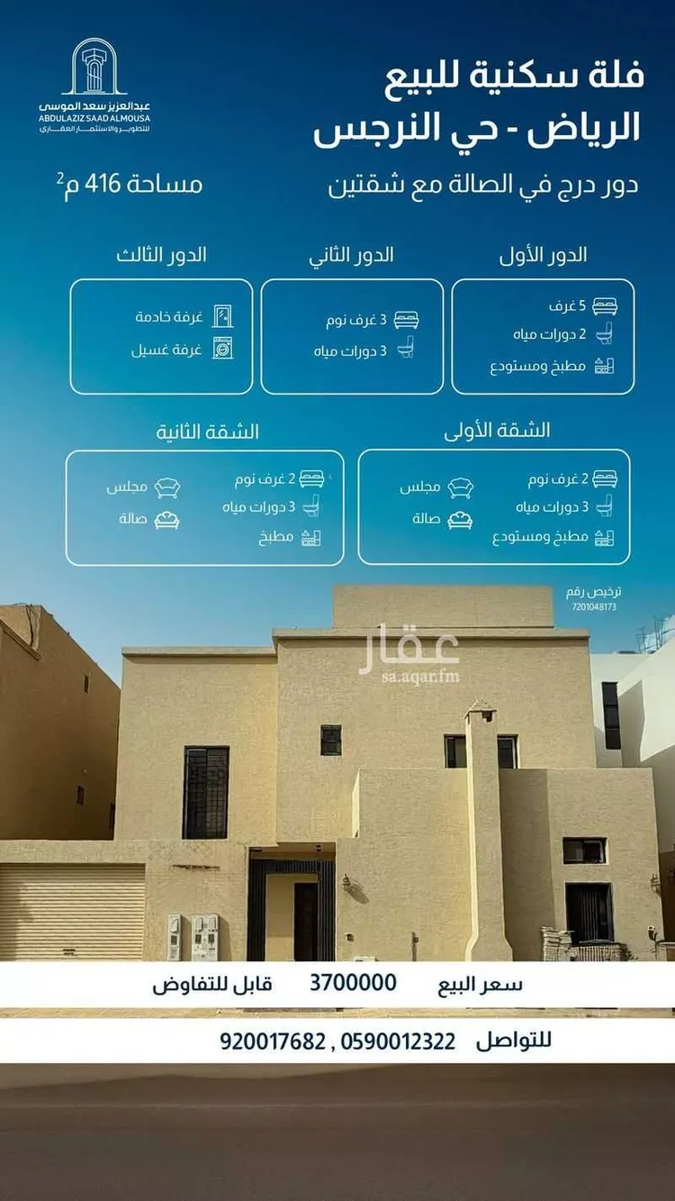 فيلا للبيع في شارع أبي البركات التميمي, حي النرجس, مدينة الرياض, منطقة الرياض
