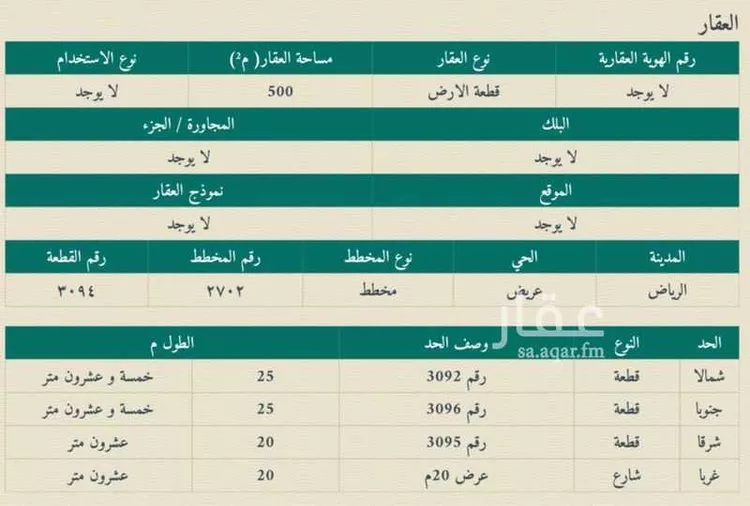 أرض للبيع في حي عريض, مدينة الرياض, منطقة الرياض صورة 2