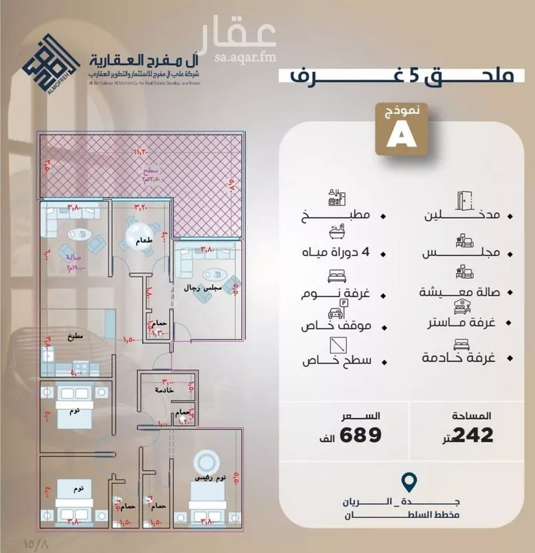 شقة للبيع في شارع عبد الرحيم الكناني, حي الريان, مدينة جدة, منطقة مكة المكرمة