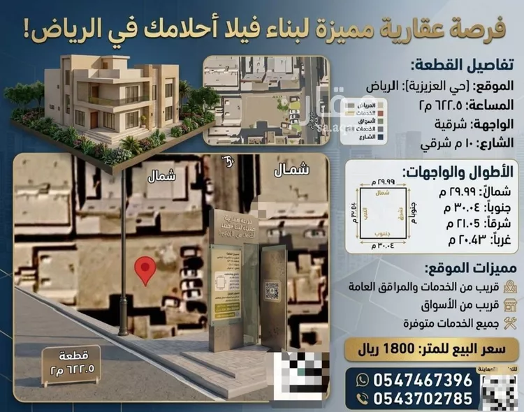أرض للبيع في شارع أبي الحسن الكعكي, حي العزيزية, مدينة الرياض, منطقة الرياض