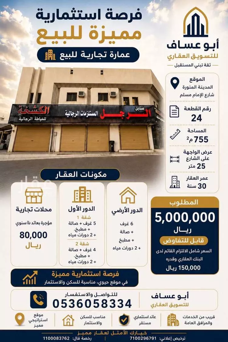عمارة للبيع في شارع الامام مسلم الفرعي, حي الدفاع, مدينة المدينة المنورة, منطقة المدينة المنورة