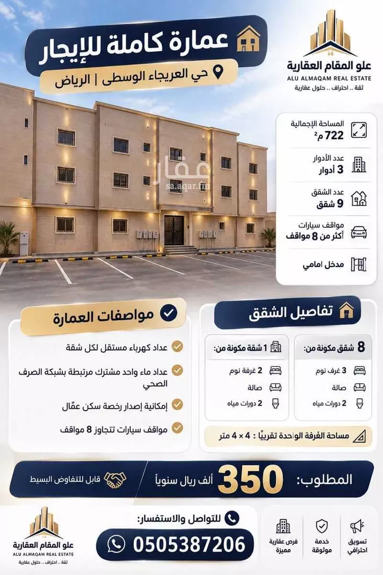 عمارة للإيجار في شارع يزيد بن ابي سفيان, حي العريجاء الأوسط, مدينة الرياض, منطقة الرياض