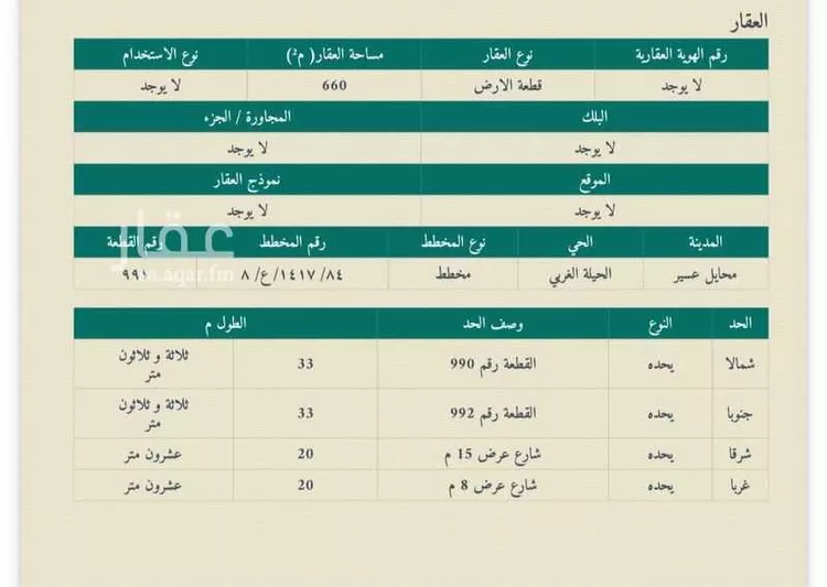 أرض للبيع في شارع عمرو سعيد الاموي, حي الحيلة الغربي, مدينة محائل, منطقة عسير