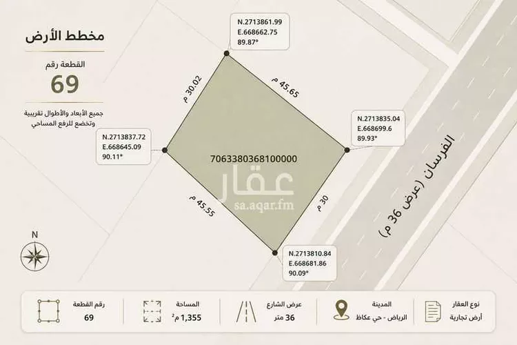 أرض للبيع في شارع الفرسان, حي عكاظ, مدينة الرياض, منطقة الرياض صورة 3