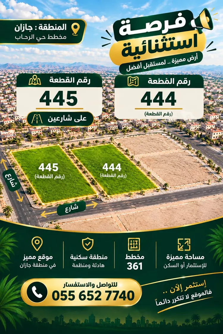 أرض للبيع في شارع القاسم الحريري, حي الرحاب 1, مدينة جازان, منطقة جازان