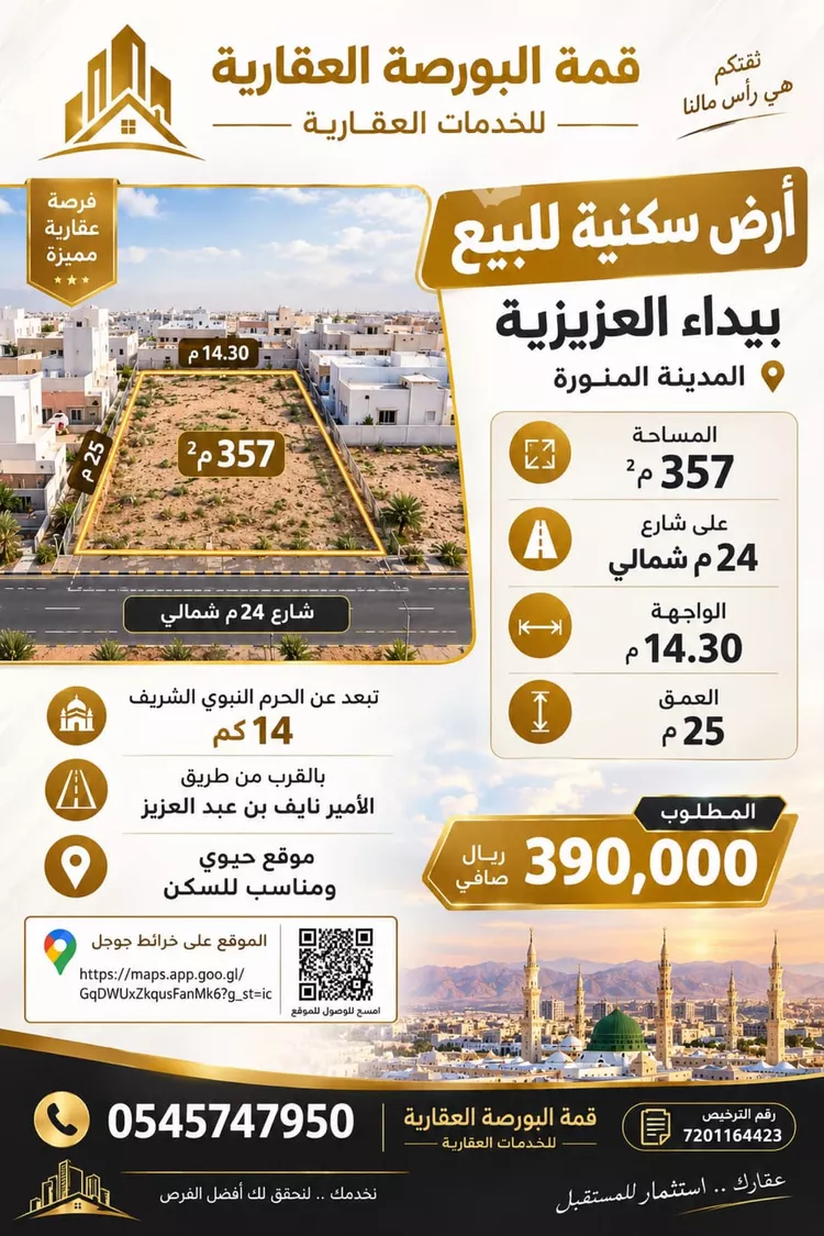 أرض للبيع في شارع عبيد ابن حذيفة, حي العزيزية, مدينة المدينة المنورة, منطقة المدينة المنورة