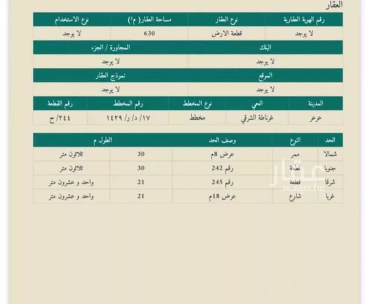 أرض للبيع في شارع دهر بن الاخرم بن مالك الاسلمي رضي الله عنه ، حي غرناطة ، عرعر ، منطقة الحدود الشمالية