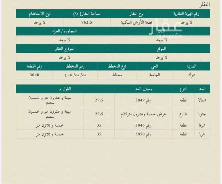 أرض للبيع في شارع أبو جندل ، حي الجامعة ، تبوك ، منطقة تبوك