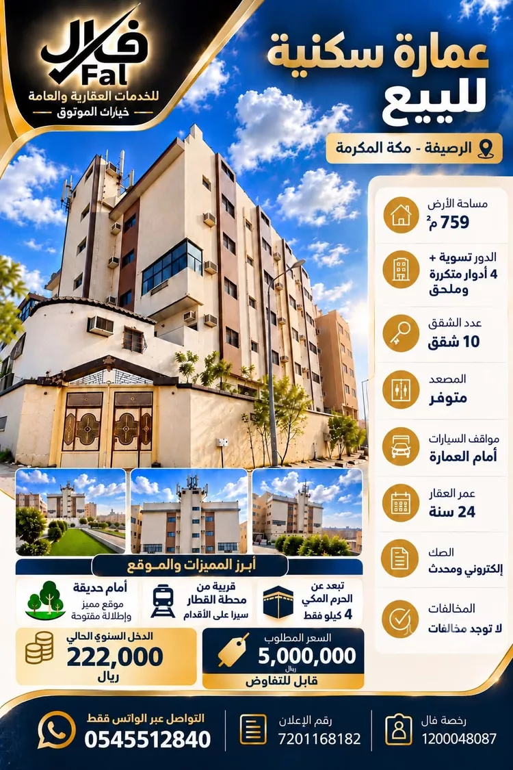 عمارة للبيع في شارع الإقدام, حي الرصيفة, مدينة مكة المكرمة, منطقة مكة المكرمة