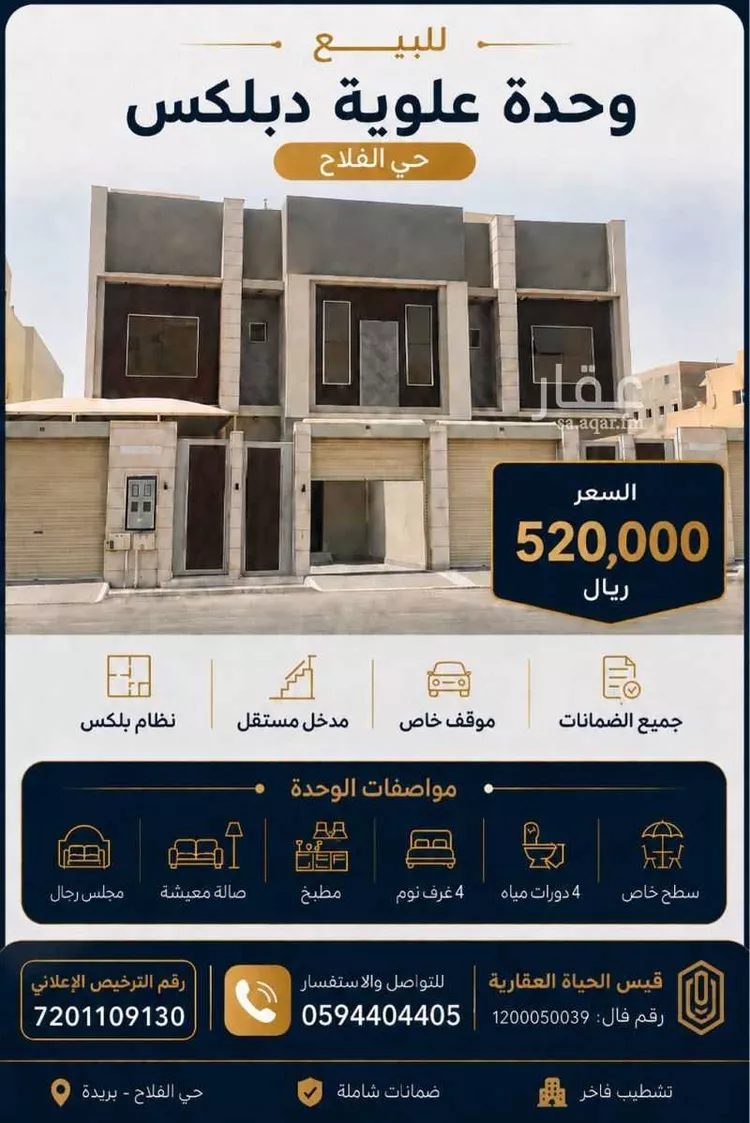 شقة للبيع في شارع الامير عبدالعزيز بن مساعد بن جلوي, حي الفلاح, مدينة بريدة, منطقة القصيم