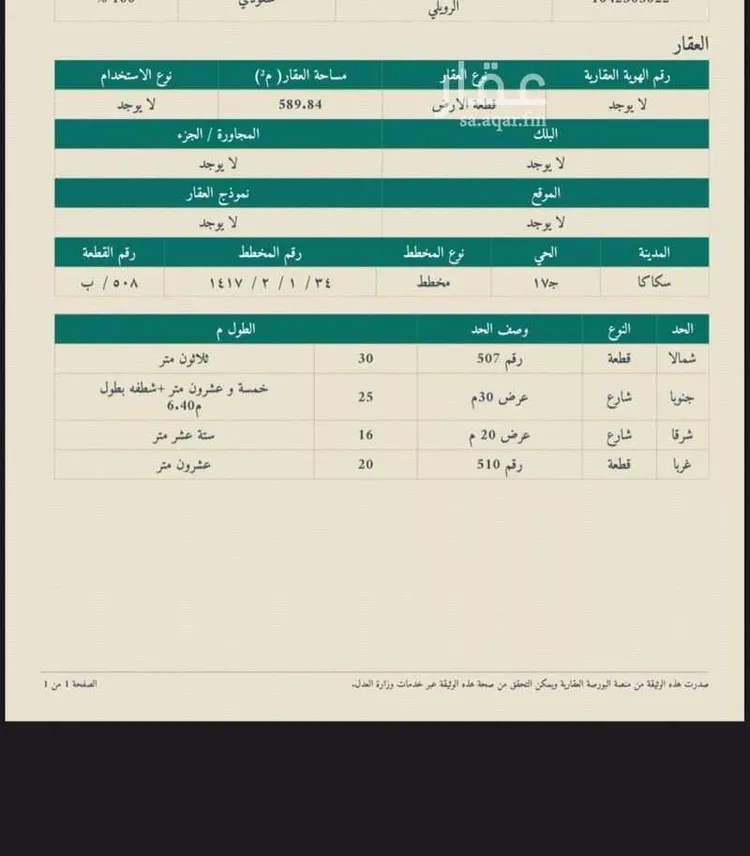 أرض للبيع في حي قارا ، سكاكا ، منطقة الجوف